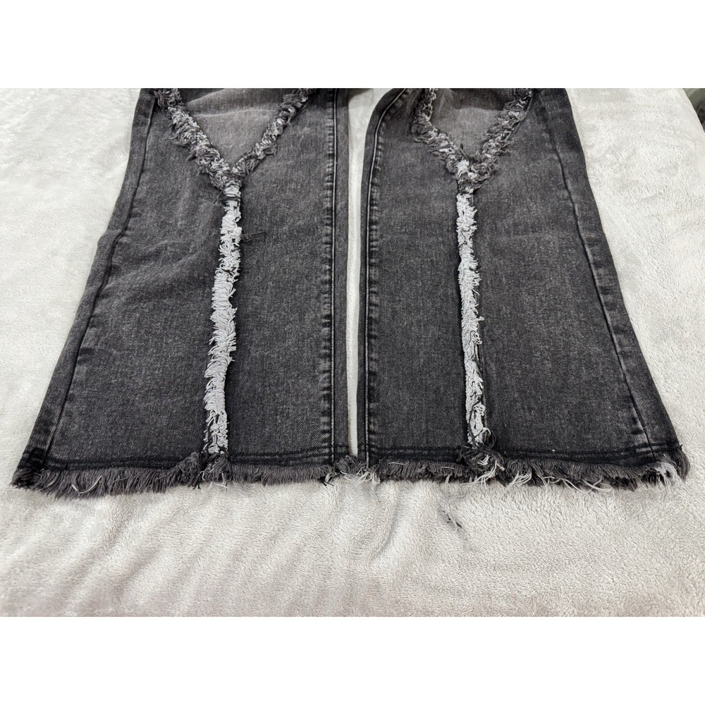 PrettyLittleThing Washed Black Frayed Raw Seam Wide Leg Jeans Y2K Grunge 8 Tall - Picture 4 of 8